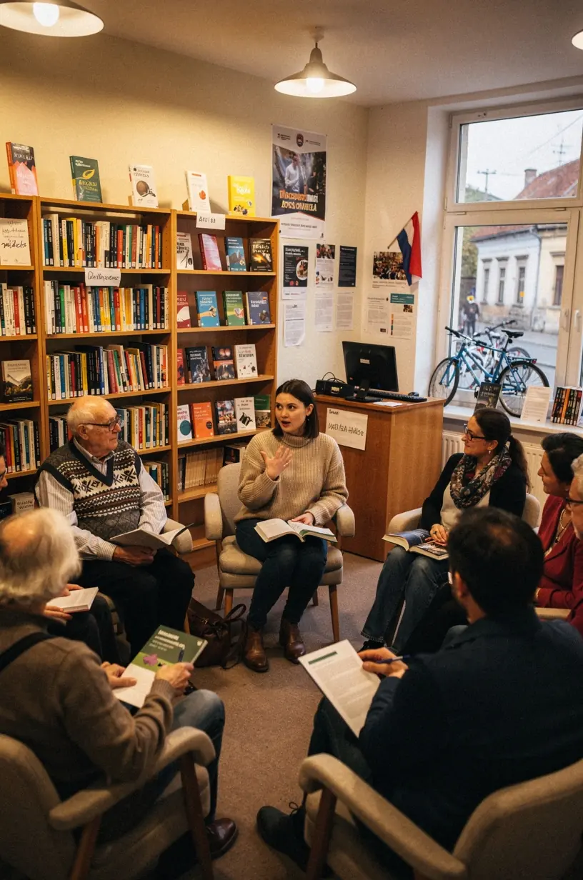 Közösségi klub üzlethelyiség, ahol pénzügyi tervezők és könyvek elérhetőek vásárlásra.